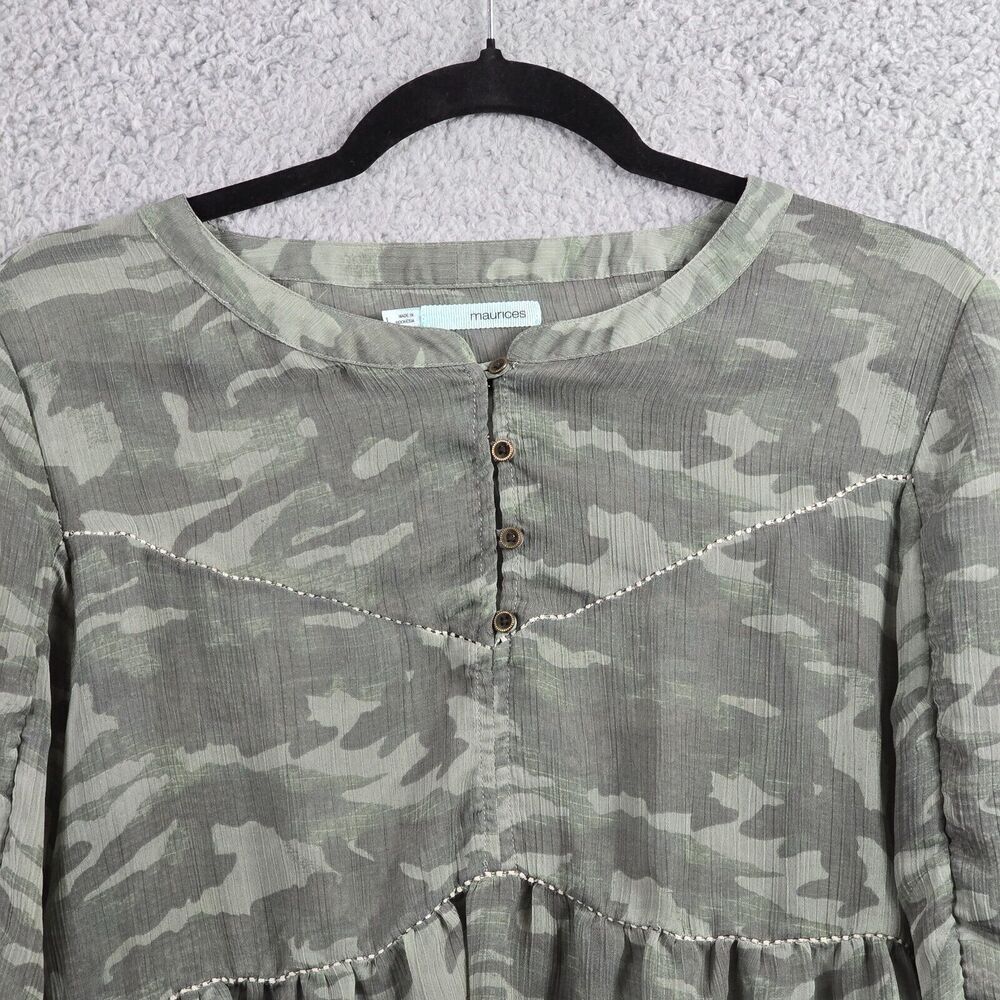 Maurices Smocked Sheer Top Camo L Henley Peplum Blouse Babydoll Western Green - Picture 2 of 8